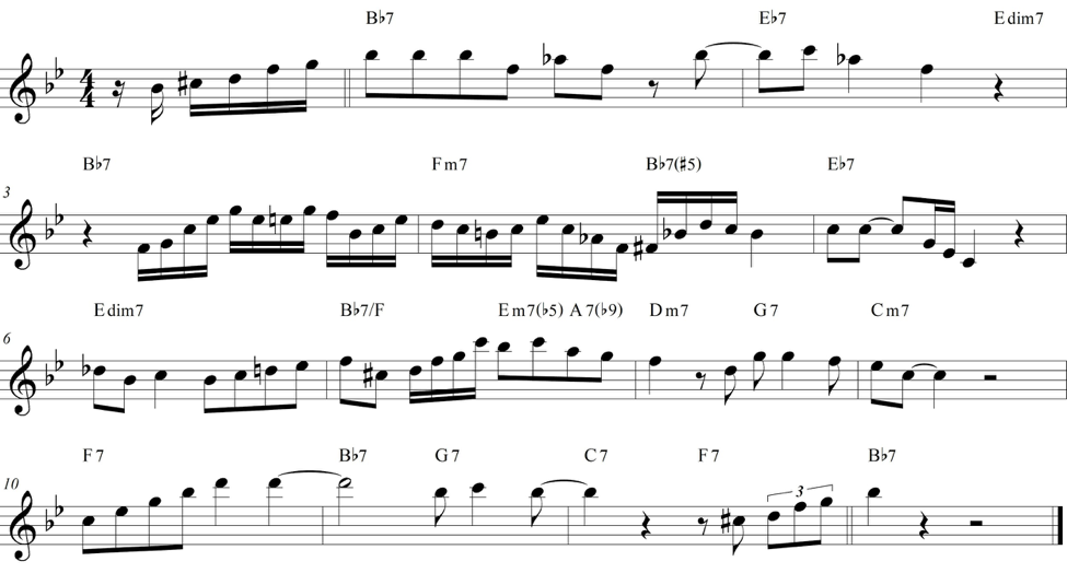 Transcription of the second chorus of Sonny Stitt’s solo on 'Dig Dr. Woody.' Transcription by author.