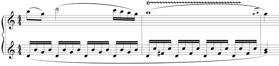 Measures 24–26 of the first movement of Mozart’s Piano Sonata No. 16 in C Major (K. 545).