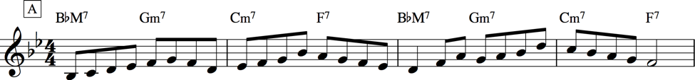 Example improvisation over mm. 1–4 of Rhythm changes that incorporates passing tones between chord tones.