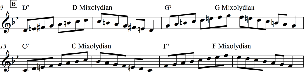 Notation of the four mixolydian scales rooted on D, G, C, and F, in the B section of Rhythm changes.