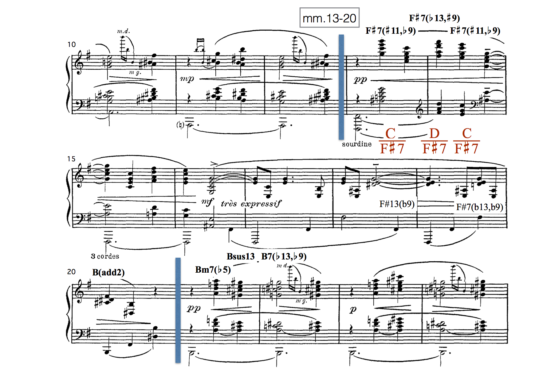 Measures 13–20 of Maurice Ravel, Valses nobles et sentimentales, Part VIII.