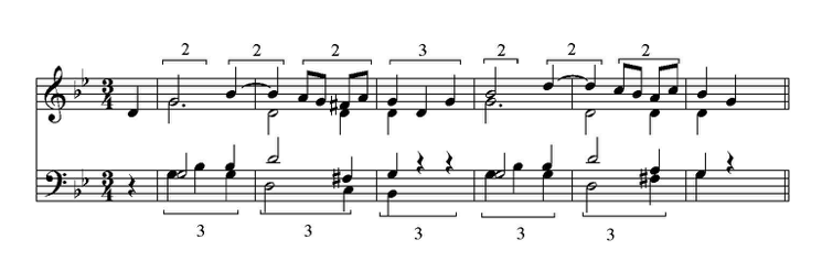Figure 1. Excerpt from Mozart, Symphony No. 40, mvt. 3, piano reduction. Brackets delineate the conflicting 2-beat layers in the treble staff and 3-beat layers in the bass staff against the 3/4 meter.